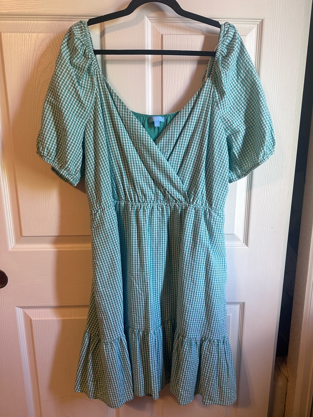 Draper James Mint Green Gingham Puff-Sleeve Wrap Mini Dress
